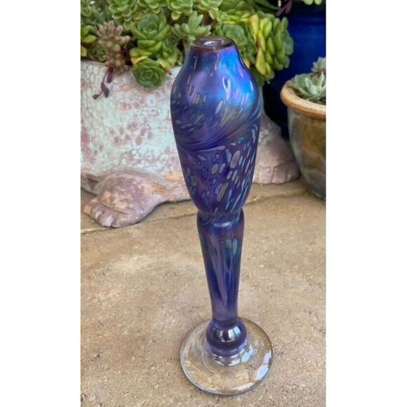Brian Maytum Blown Glass Torchiere Oil Lamp Purple Iridescent Signed Dated 1985 - Picture 8 of 8
